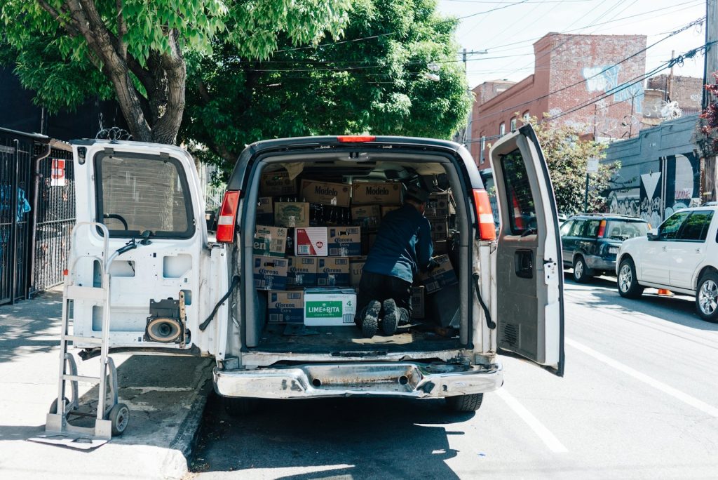 Open service van loaded with equipment